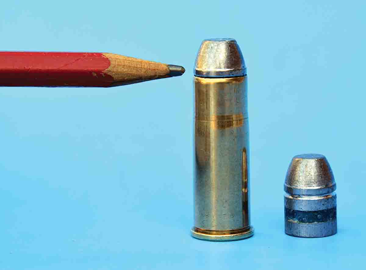 Bullets should be crimped, but the crimp must be applied with finesse to prevent damage to the case, or a bulge will prevent loaded cartridges from chambering. Shown is 210-grain cast bullet from RCBS mould 44-200-FN with a roll crimp.